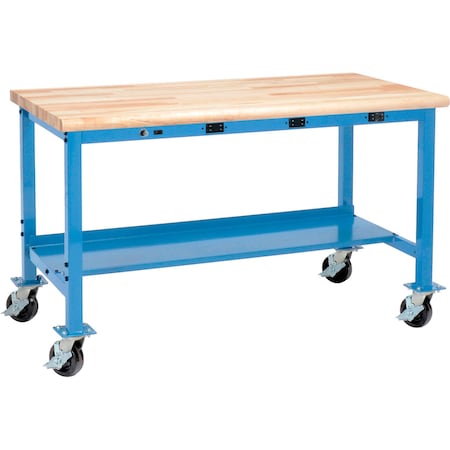 Global Industrial Mobile Workbench, 72 x 36in, w/Outlets, Maple Butcher Block Safety Edge, Blue 253991WBBL